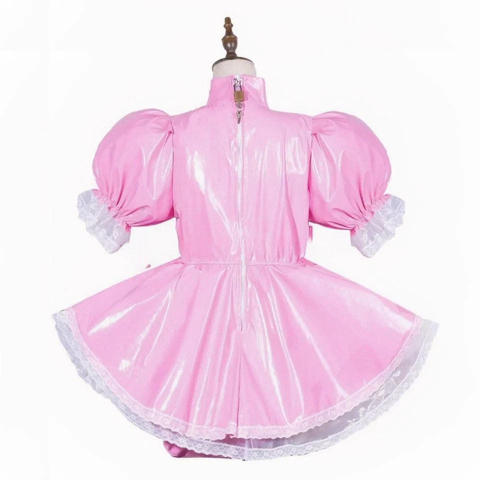 Niña Criada Sissy Rosa PVC Vestido Cruzado Sexy Cosplay Disfraces A Medida Foto 3 de 4