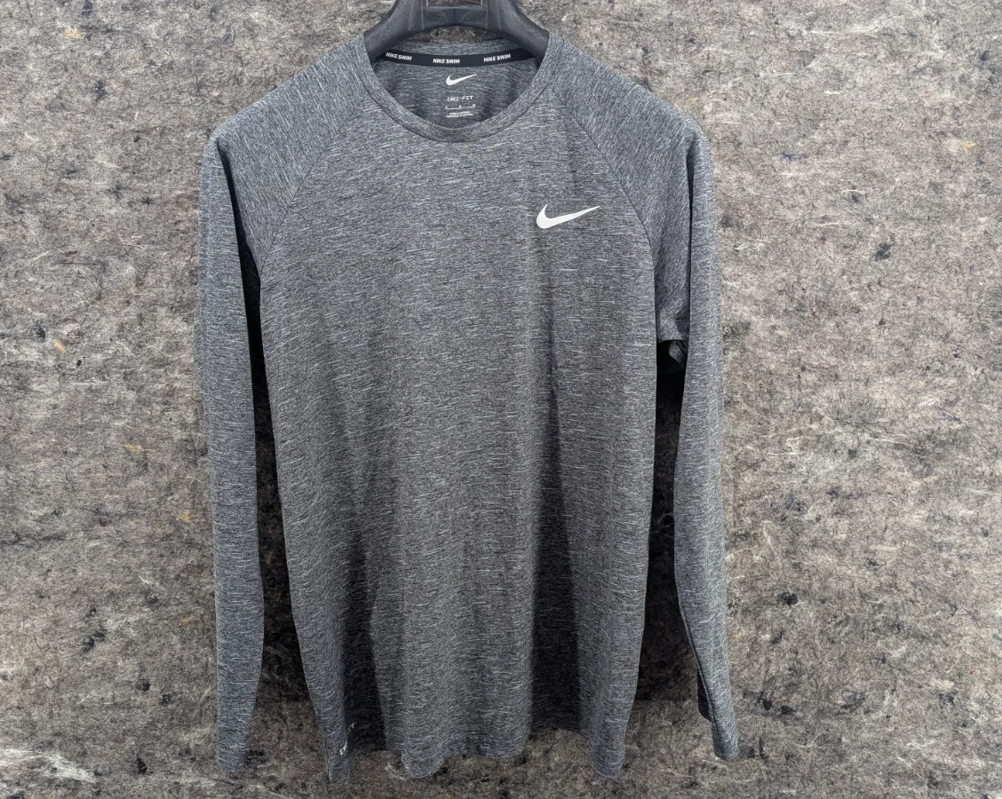 Nike Swim Dri-Fit Shirt Mens M Gray Black Long Sleeve Swoosh Crew Neck