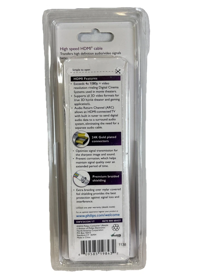 Philips 550 Series 10.2 High Speed HDMI Cable 6Ft 1.8m Full HD 1080p/3D 24k Gold - Image 3 of 4