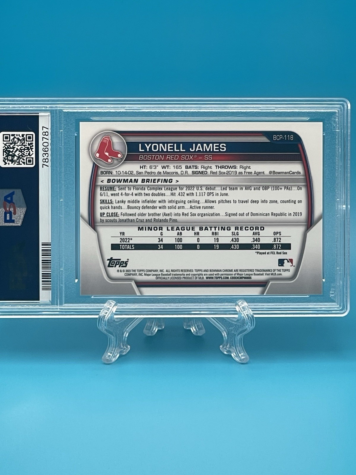 2023 Bowman Chrome Prospect 1st Lyonell James #BCP118 Fuchsia Crater /199 PSA 10 view 2