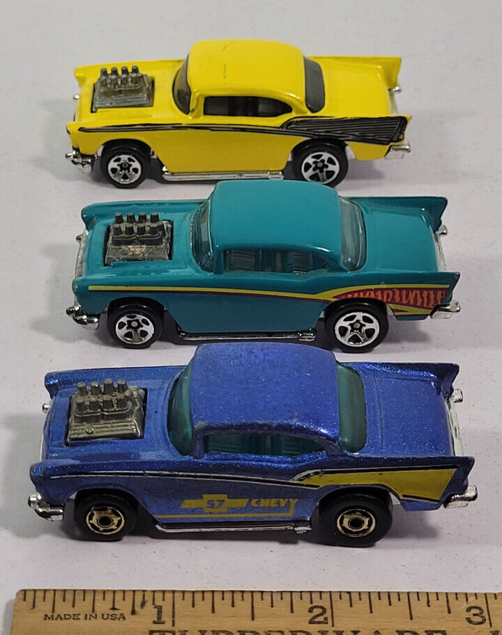3 '57 Chevy Yellow Blue Blue Chevrolet Hot Wheels lot Rare Vintage