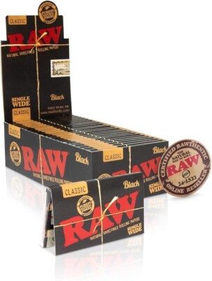      25 x RAW CLASSIC BLACK SINGLE WIDE ROLLING PAPERS FULL BOX AUTHENTIC   