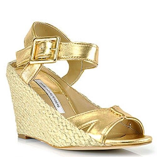 Diane von Furstenberg DVF Sudan Gold Leather Espadrille Wedge Sandal Open Toe 10 - Picture 1 of 7