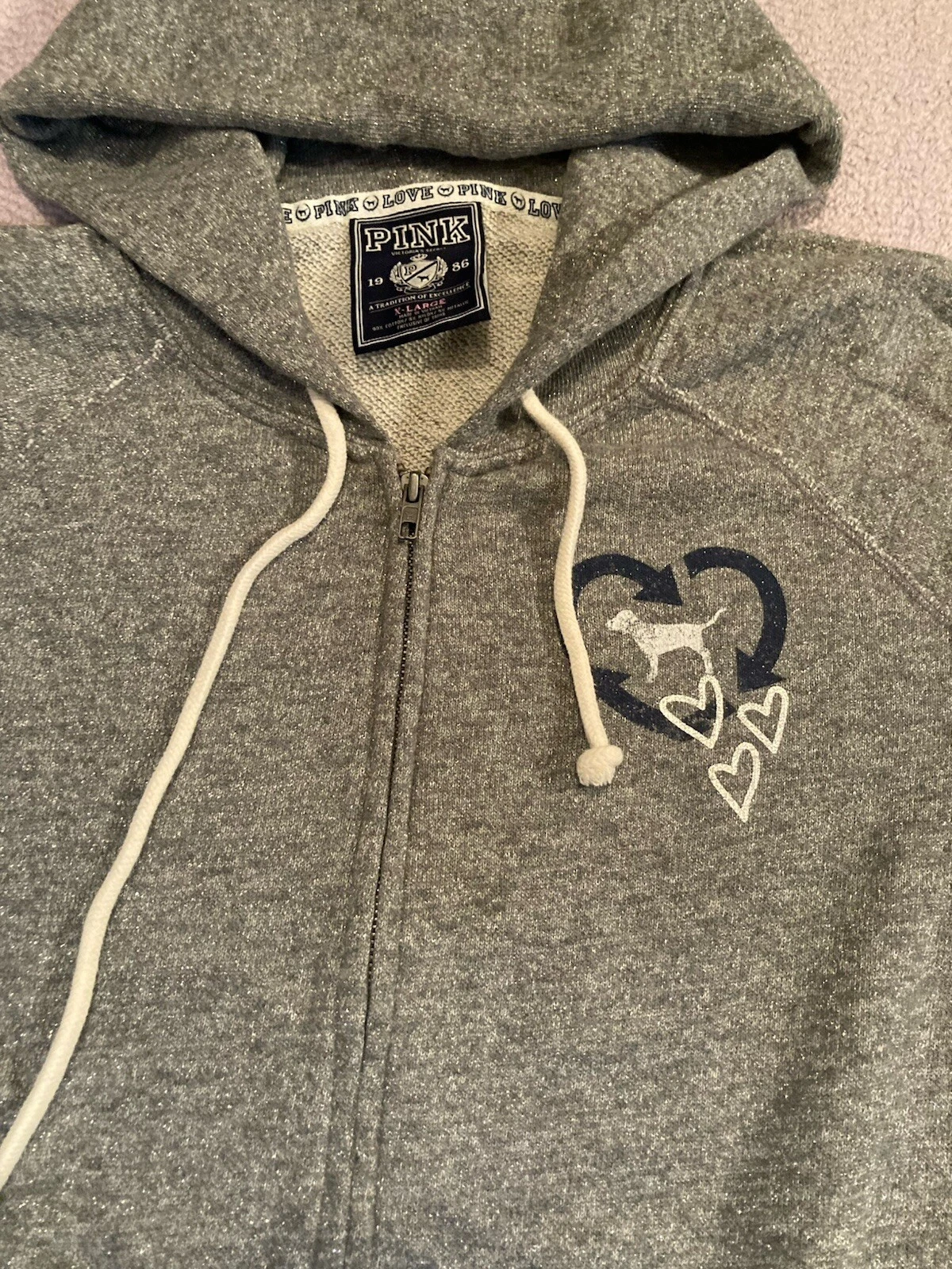 UNDERCOVER Giacca con cappuccio vintage ROSA Victoria’s Secret grigio metallizzato glitter senza abbracci XL