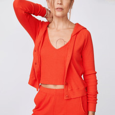 NWT Monrow Samba Red Brushed ribbed V Neck Ta...