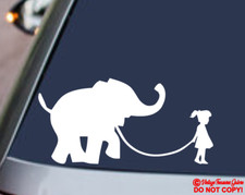 GIRL WALKING A BABY ELEPHANT Vinyl Decal Sticker Car Window Wall Bumper Animal