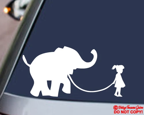 GIRL WALKING A BABY ELEPHANT Vinyl Decal Sticker Car Window Wall Bumper Animal