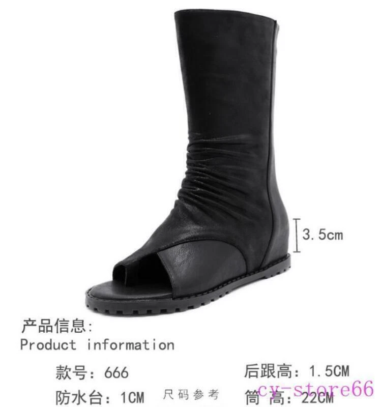 Mujeres Cuero Roma Medio Pantorrilla Botas Anillo Punta Cuña Plataforma Gladiador Sandalia Zapatos Foto 2 de 4