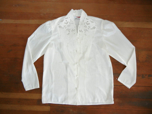 Vtg 80s 90s NILANI White SATIN & LACE NECK BUTTON-UP SHIRT Thin Blouse Women 7/8
