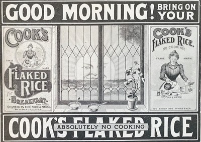 Morning Sunrise Kitchen Window COOK'S FLAKED RICE Breakfast Cereal 1901 Print Ad