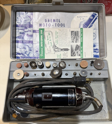 Vtg Dremel Moto-Tool Model 2 Kit No. 222 Metal Case, Accessories & Booklet 1958