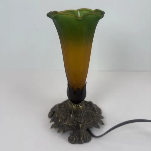 Vintage 1973 L&L WMC Tulip Lamp Green Orange Glass 8" Tiffany Style #9320 Tested