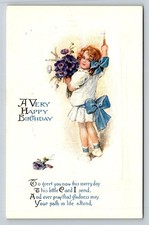 Vintage Birthday Postcard Girl with Blue Bows & Flowers Made in USA c.1910s