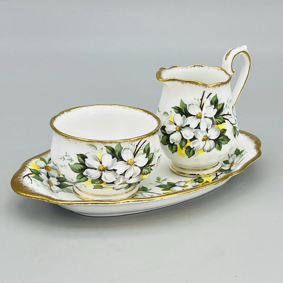 VTG Royal Albert Bone China WHITE DOGWOOD BRUSHED GOLD Creamer Open Sugar & Tray - Image 2 of 4