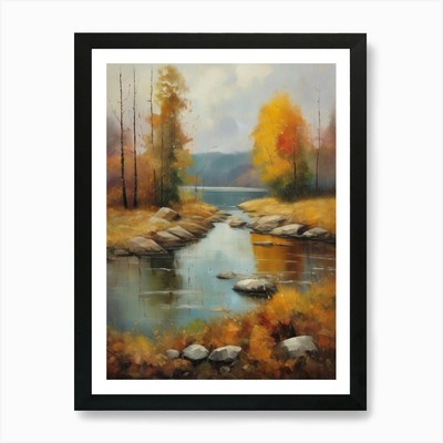 Herbstsee, Waldsee, Vintage Oi gerahmtes Wandbild Poster Leinwanddruck Bild