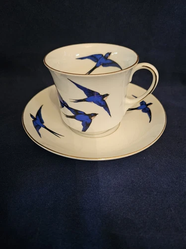 Blue Bird China 2 tazas de té, platillo, 2 platos laterales Checoslovaquia dorado años 30 - Imagen 2 de 14