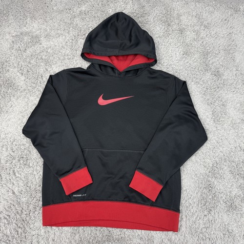 Nike Hoodie Youth Large Black Red Therma-FIT Pullover Sweatshirt Swoosh Logo