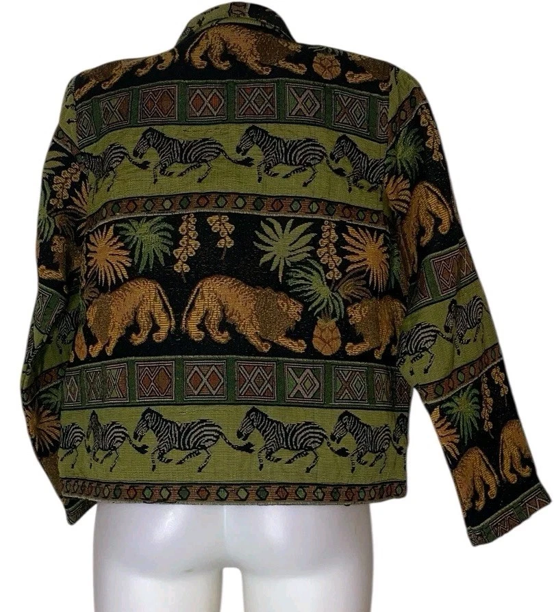 VINTAGE Natural Tapestry Jacket Women Size Medium Zoo Safari Animals 90s Tiger - Image 2 of 4