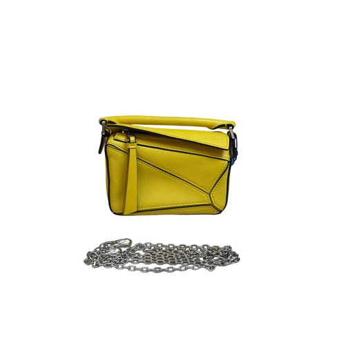 Loewe Puzzle Nano Leather Yellow Chain Crossbody Bag Silver Hardware