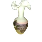 FENTON HAND PAINTED OLD MILL SCENE ARTITS SIGNED 10"  SATIN CUSTARD GLOWING VASE