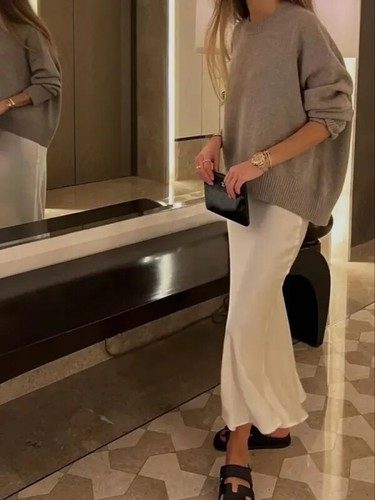High Waist Elegant Satin Skirts Women Elegant Long Skirt Casual Office A-line - Picture 2 of 28