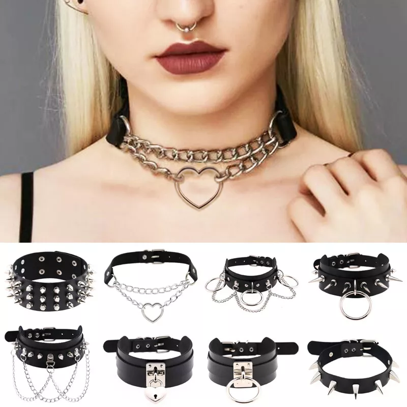 Women Girls Choker Collar Necklace Ring PU Leather Heart Charm Gothic Punk  Black