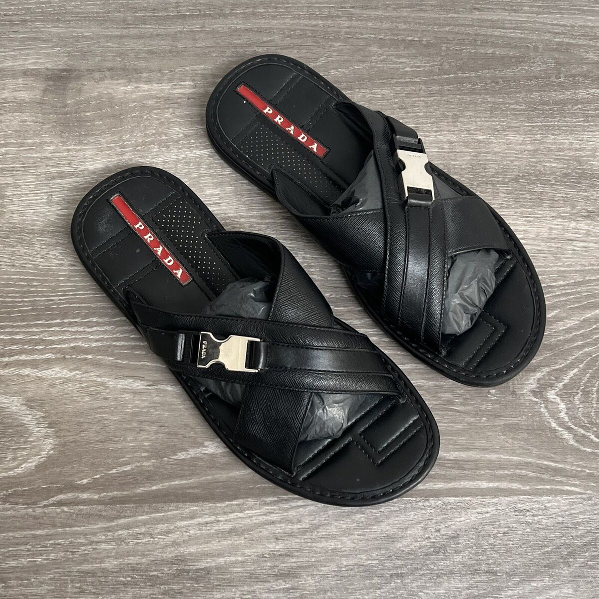 Prada Men's Sandals Saffiano Leather Crisscross Slides Size Prada Men's Sandals Saffiano Leather Crisscross Slides Size