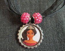 Elena of Avalor Latina Princess Ribbon Bottle Cap Bling Charm Necklace Pink Bead