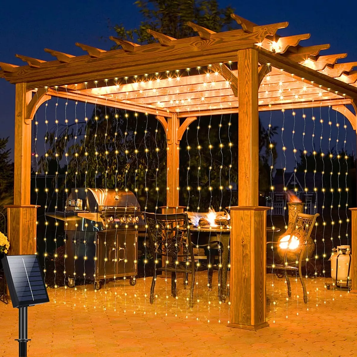 Upgraded Solar Curtain Lights, 300 LED Outdoor Waterproof Solar Powered  Waterfall String Lights for Patio Gazebo Backdrop Garden with USB  Rechargeable