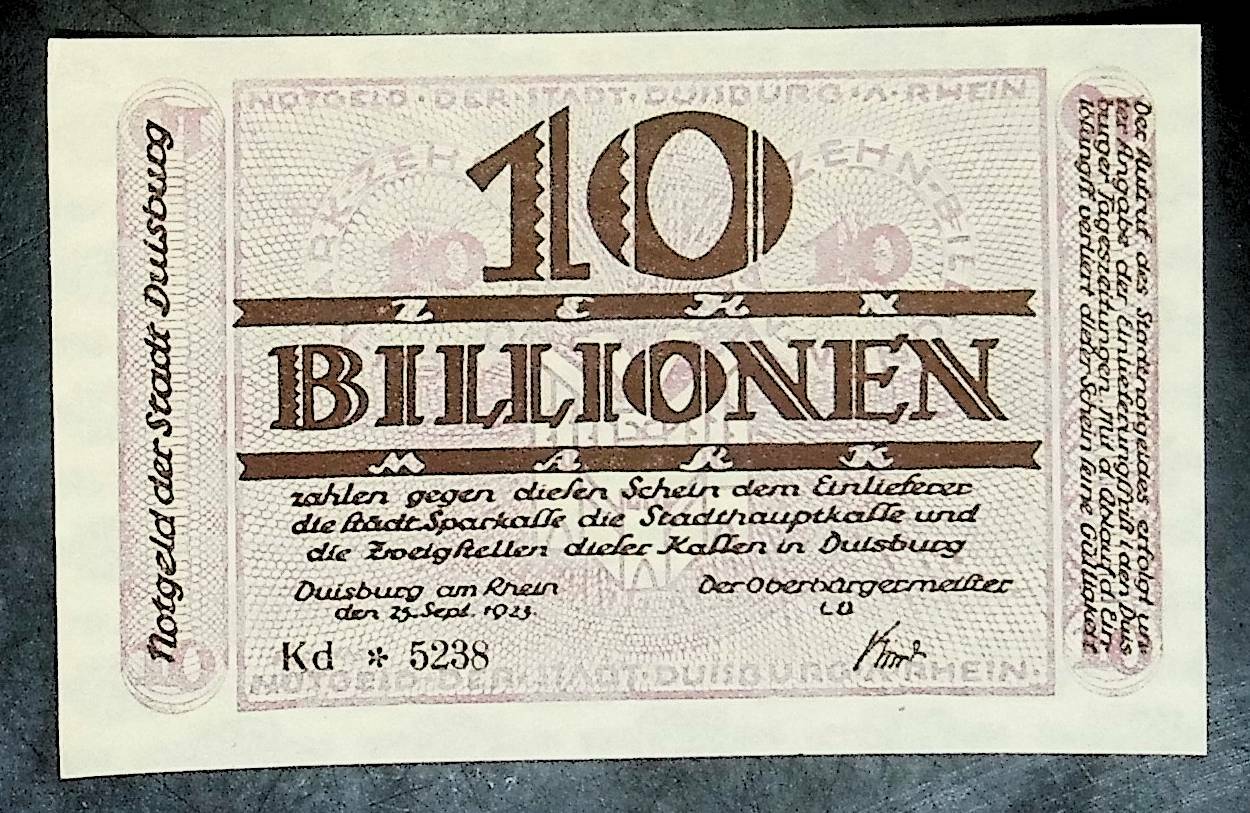 1923 Germany DIUSBURG  10 Trillion / 10.000.000.000.000 Mark Banknote