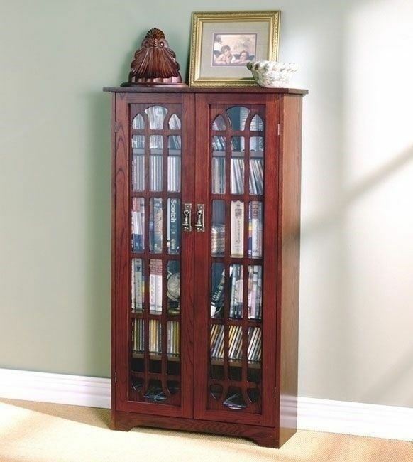 Cherry Finish Wooden Media Cabinet 6 Shelf CD DVD Storage Tower