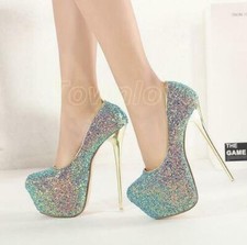 Womens Sequin Round Toe Stiletto Nightclub High Heels Party Platform Pumps Shoes