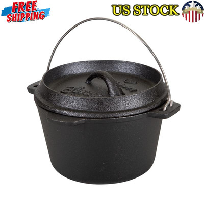 Pre-Seasoned Cast Iron Dutch Oven Flat Bottom Outdoor Cooking Accessory New