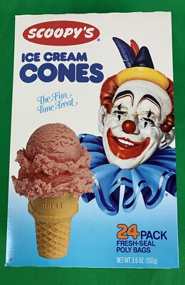 NOS 1984 Vintage Scoopy s Clown Ice Cream Cones, Sealed Box of 24 cones