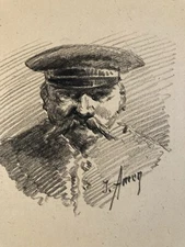 Drawing Pencil Portrait Man With Mustache Navy Military Jeanne AMEN Vintage