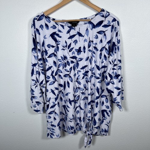 Ali Miles Tunic Top Womens XL Floral Stretch Tie Front Relaxed Fit Blue White