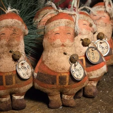 Primitive Farmhouse Rustic Grunged Santa Stuffed Ornament And Tree Sprig