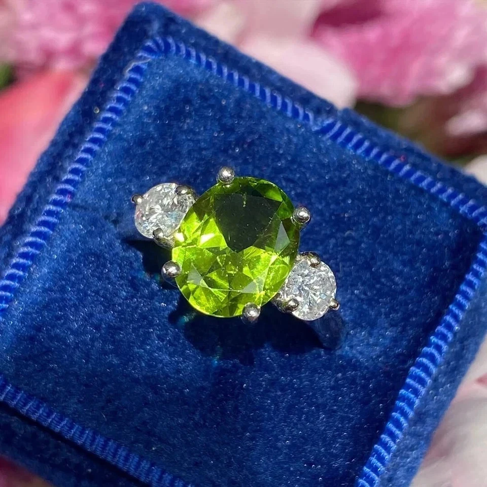 Oval Cut 4.50 Ct Natural Peridot & Diamond Wedding Ring 18K Real White Gold 6 7 - Image 2 of 4