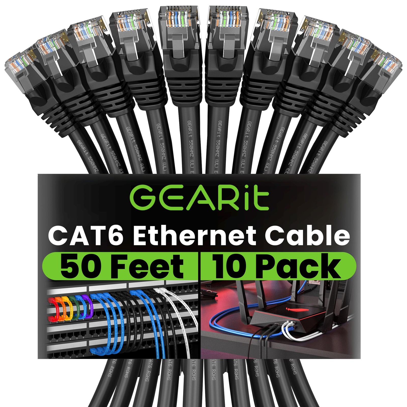 50ft Cat6 Ethernet Cable 10-Pack - 10Gbps RJ45 Network Patch Snagless