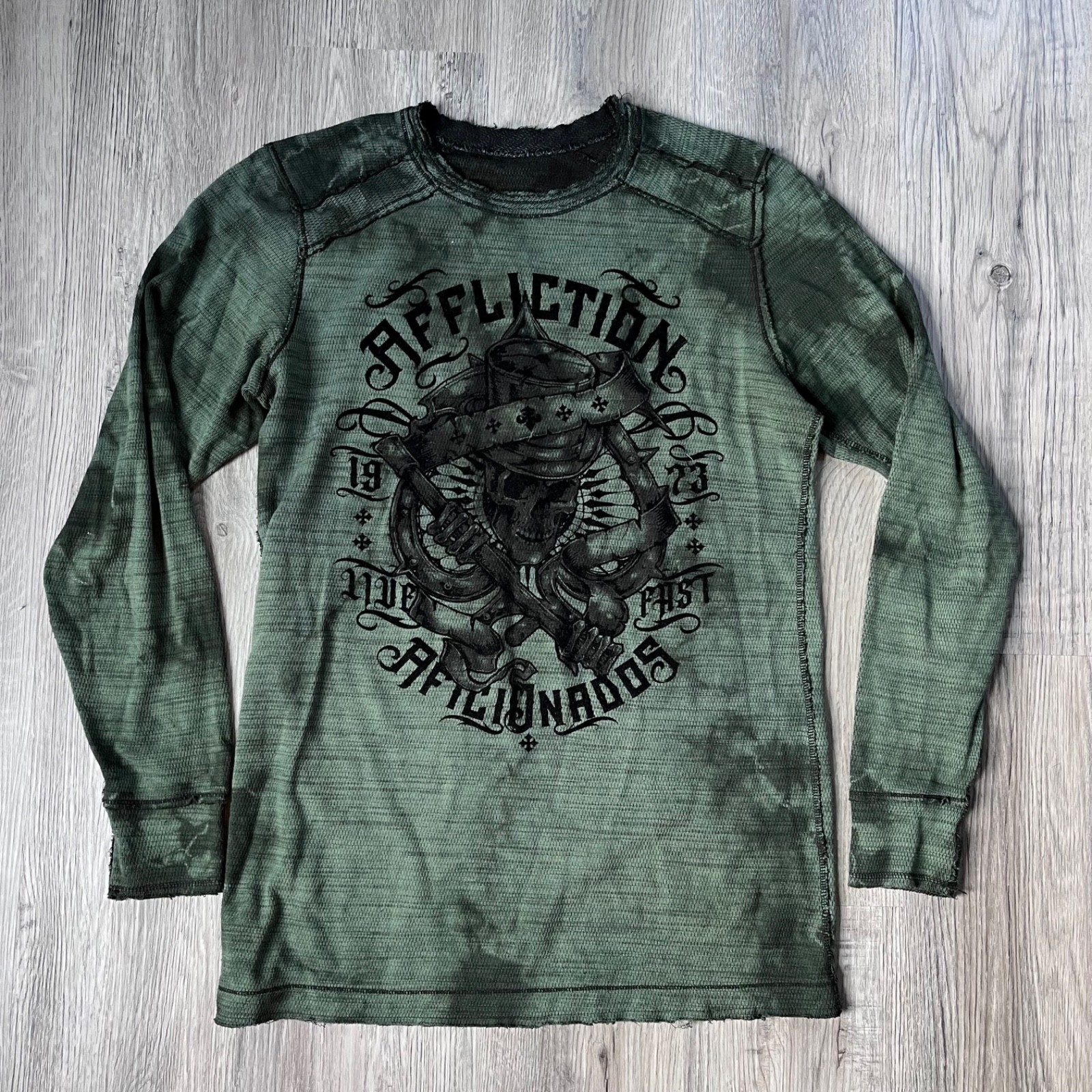 Affliction Mens Long Sleeve Thermal Shirt Graphic green gray Size L Reversible