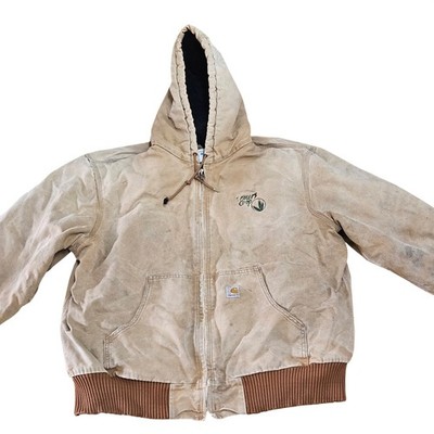 VTG Carhartt J130 Mens Distressed Duck Canvas Active Jacket Tan Farmers Co-op XL