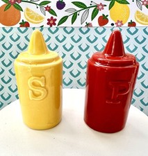 CERAMIC MUSTARD BOTTLE  KETCHUP BOTTLE SALT AND PEPPER SHAKERS