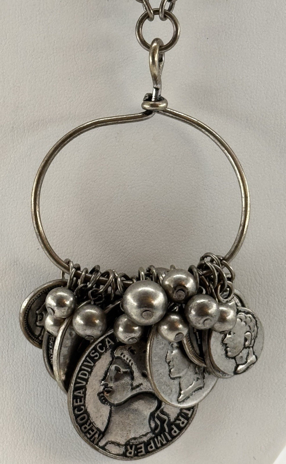 Coin Charm Cluster Statement Necklace Silver Tone… - image 3