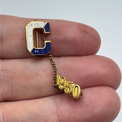 CHS High School Letter C 1950 Lapel Pin Dangle Gold Enamel Blue White Vintage
