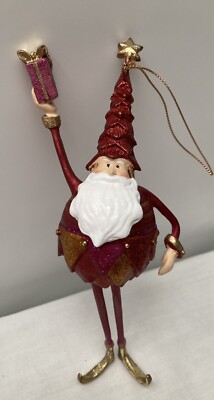 Whimsical Pink Long Legged Santa Elf With Present Ornament 