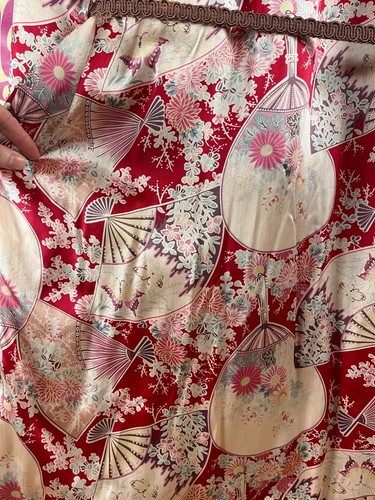 Vtg 90s Red Pink Floral Asian Fan Print Quilted Boudoir Dressing Robe Women L - Picture 15 of 17
