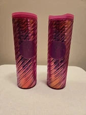 Starbucks set of 2 2022 Holiday Hot Pink Spiral Tumbler 16oz Cold Cup