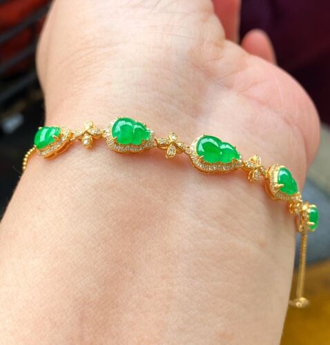 Certified Grade A Jade Jadeite Icy Vivid Green Gourd Bracelet 18K Gold Inlaid - Picture 1 of 10
