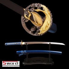 Noble Blue Japanese Samurai Wakizashi Sword Full Tang Golden Wild Goose Tsuba