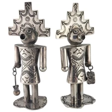 Rare Navajo Sterling pr Salt & Pepper Shakers figural & hand stamped decorations